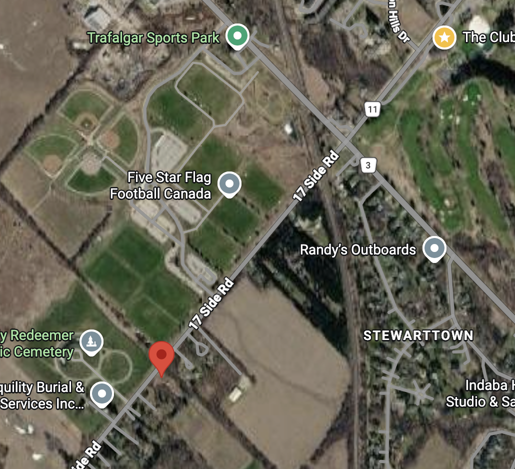 Static map showing the Coyote Howl location on 17 Side Road near Stewarttown